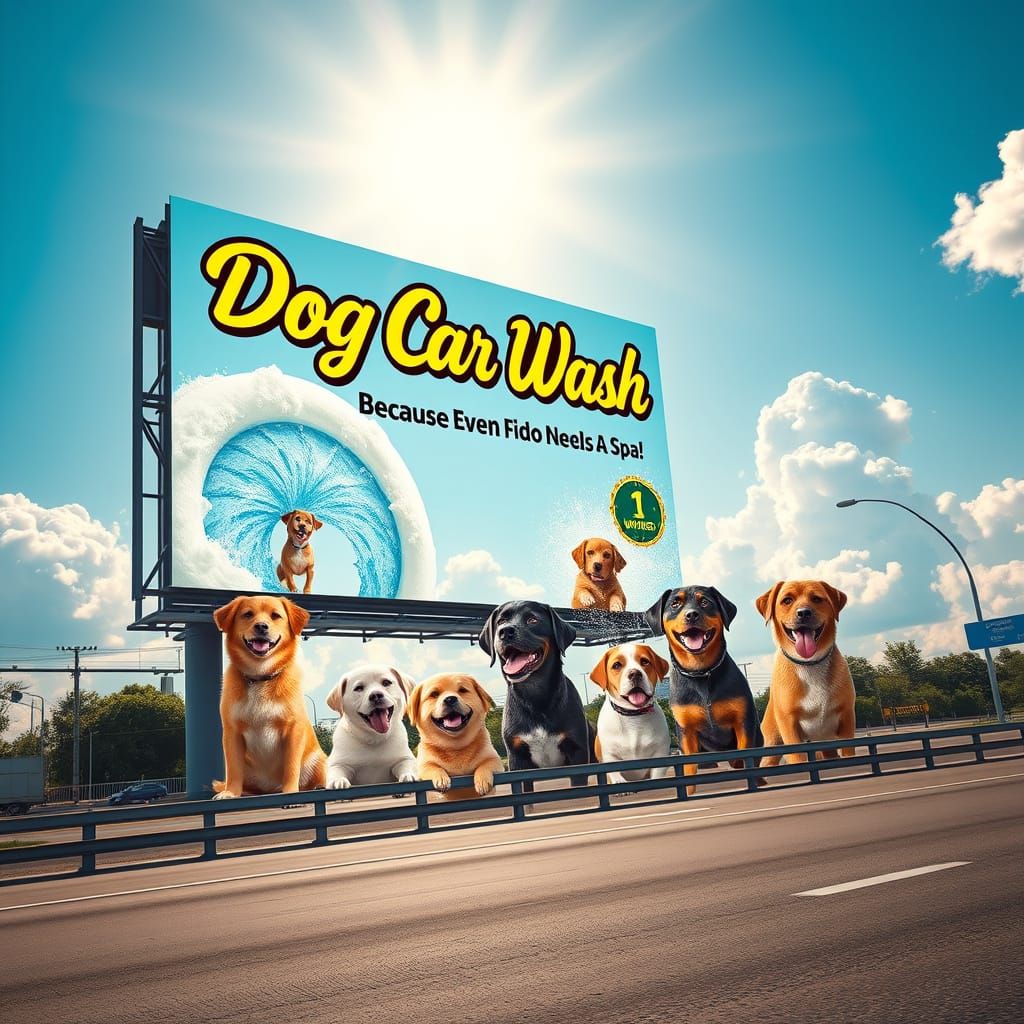 Gigantic Billboard Advertising Dog Car Wash in a Vibrant Dre...