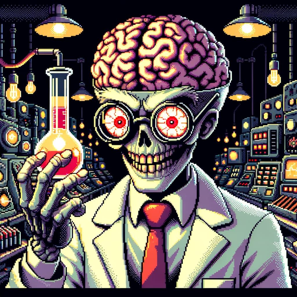 Eccentric Zombie Scientist in 16-bit Pixel Art