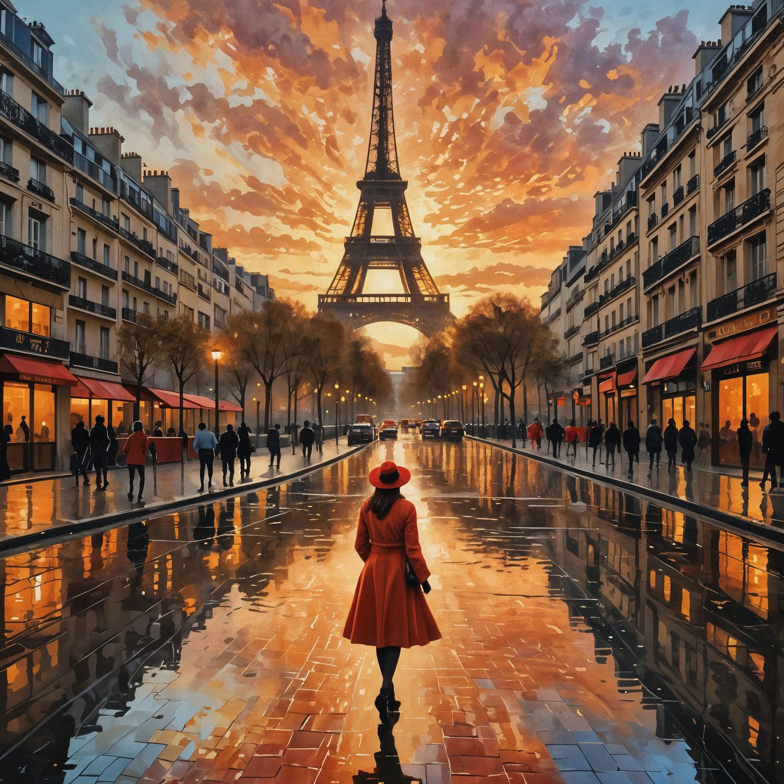 Paris Cityscape at Sunset with Reflected Figure