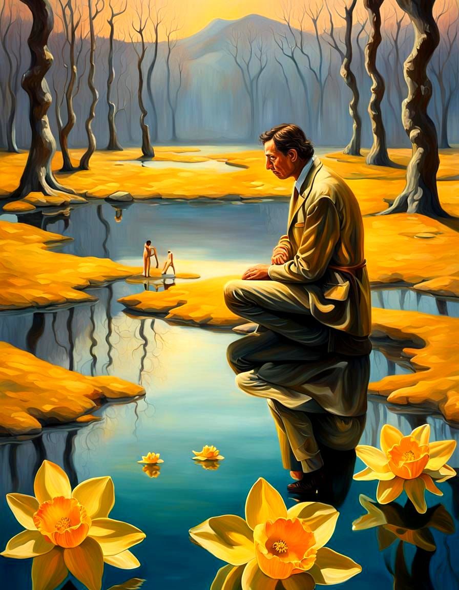 Narcissus's Surreal Transformation by Still Lake