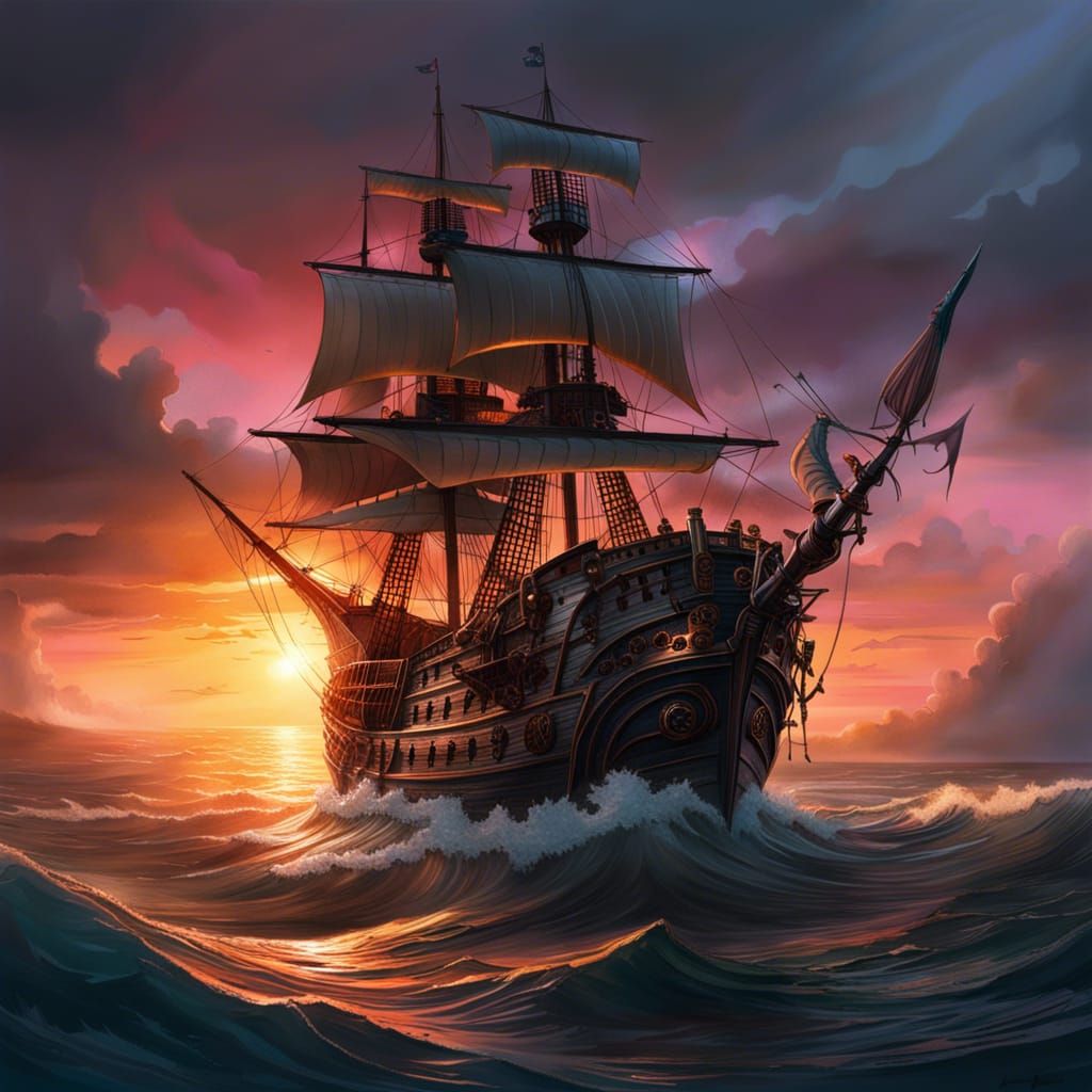 Pirate Ship at Sunset: Digital Fantasy Illustration