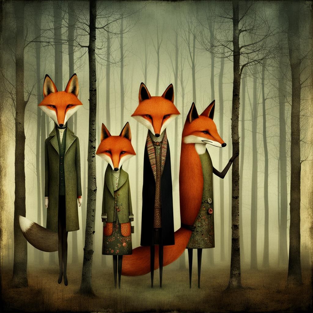 Fox Family in Woods: Surreal Illustration