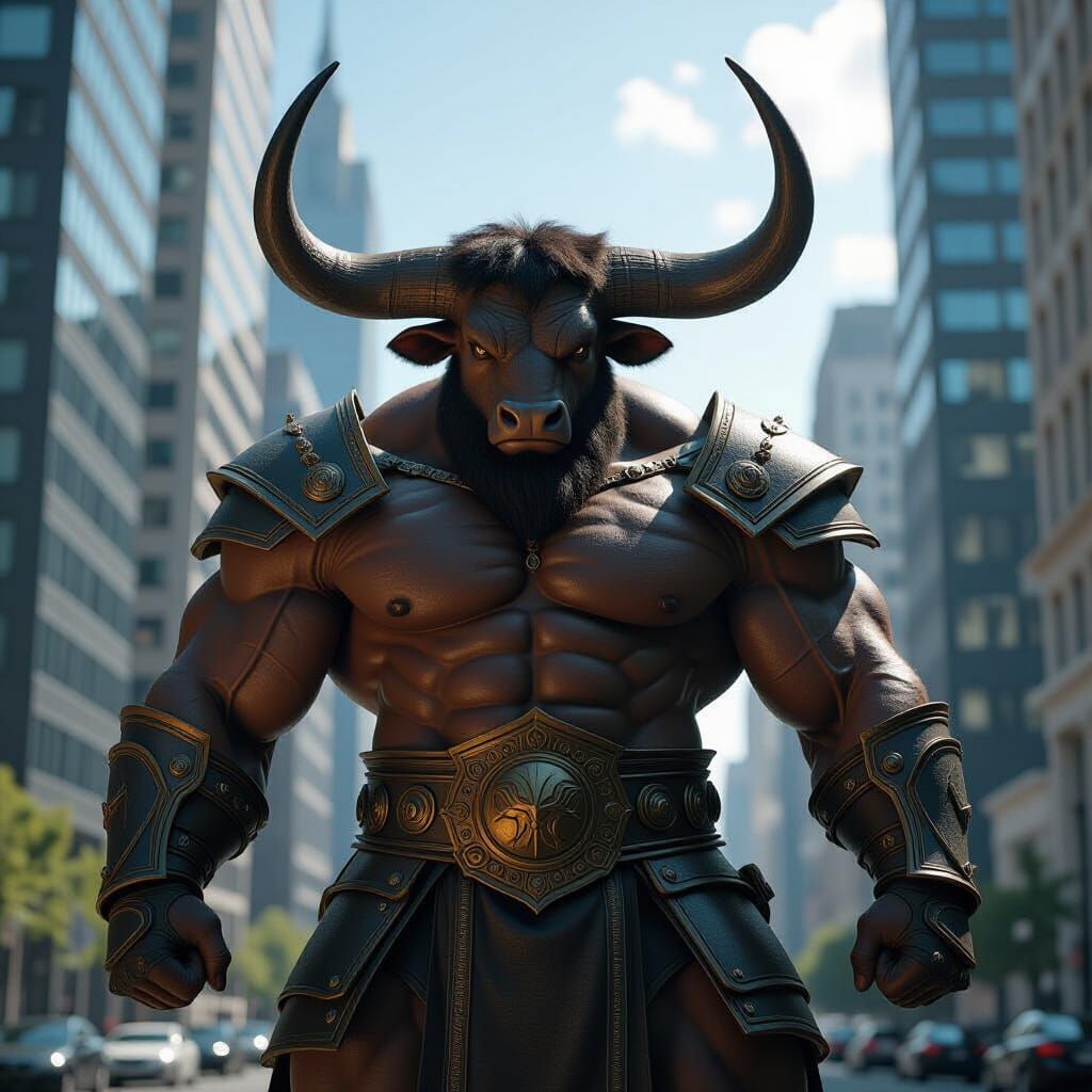 Taurus Bull Warrior in Fantasy Armor Amidst Financial Distri...