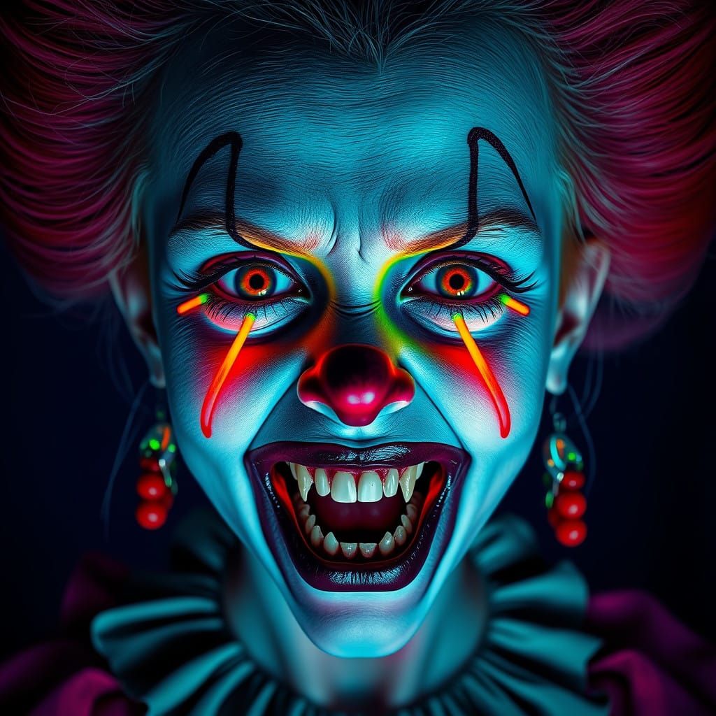 Surreal Rainbow Clown Girl with Scary LED Implants in a Dark...