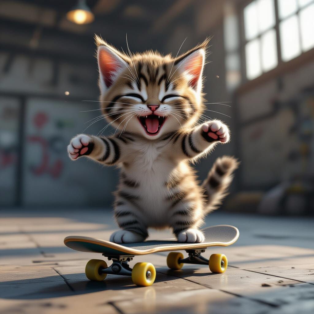 Skateboarding Kitten in Industrial Setting as Digital Art