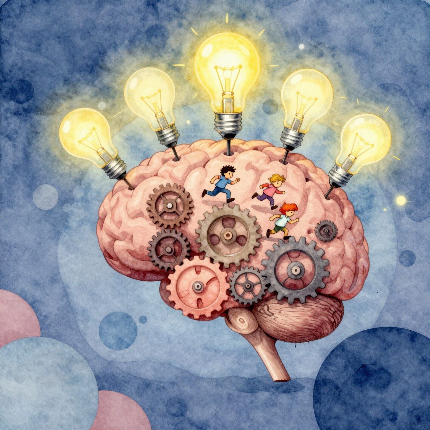 Dreamy Brainscape of Ideas and Cogs in Watercolor