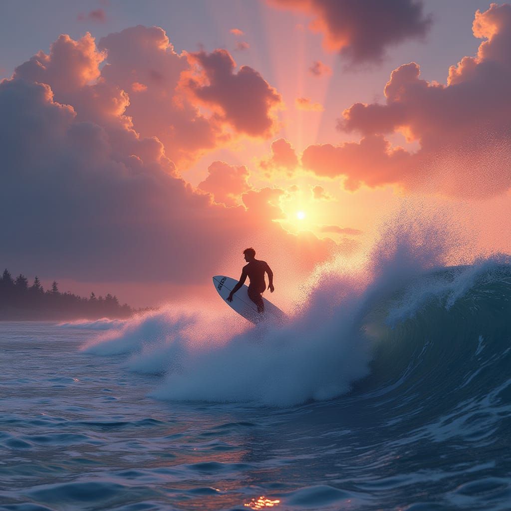 Heroic Surfer Rides Colossal Wave at Sunset