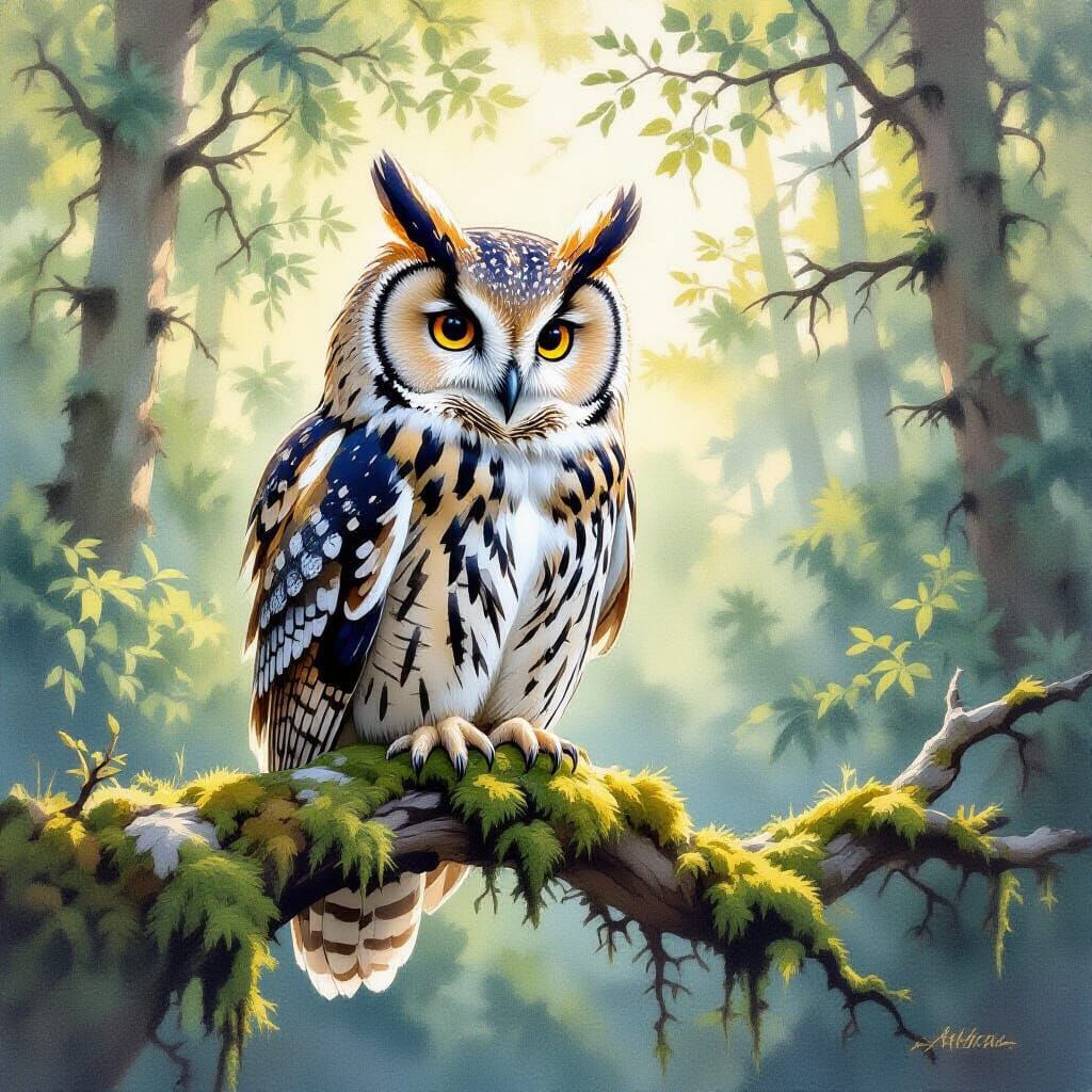 Majestic Owl on Mossy Branch in Dappled Sunlight