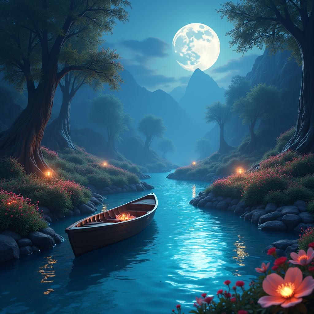 Moonlit Boat on Shimmering Stream: Fantasy Concept Art