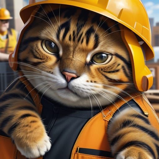 Anthropomorphic Cat in Cozy Construction Scene