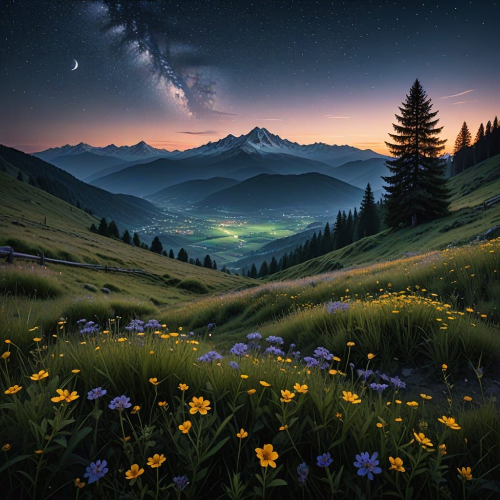 Moonlit Mountain Meadow in Impressionist Style