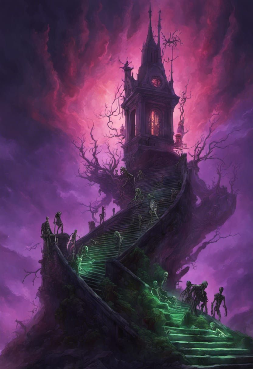 Surreal Space Stairway with Crawling Souls in Dark Fantasy S...