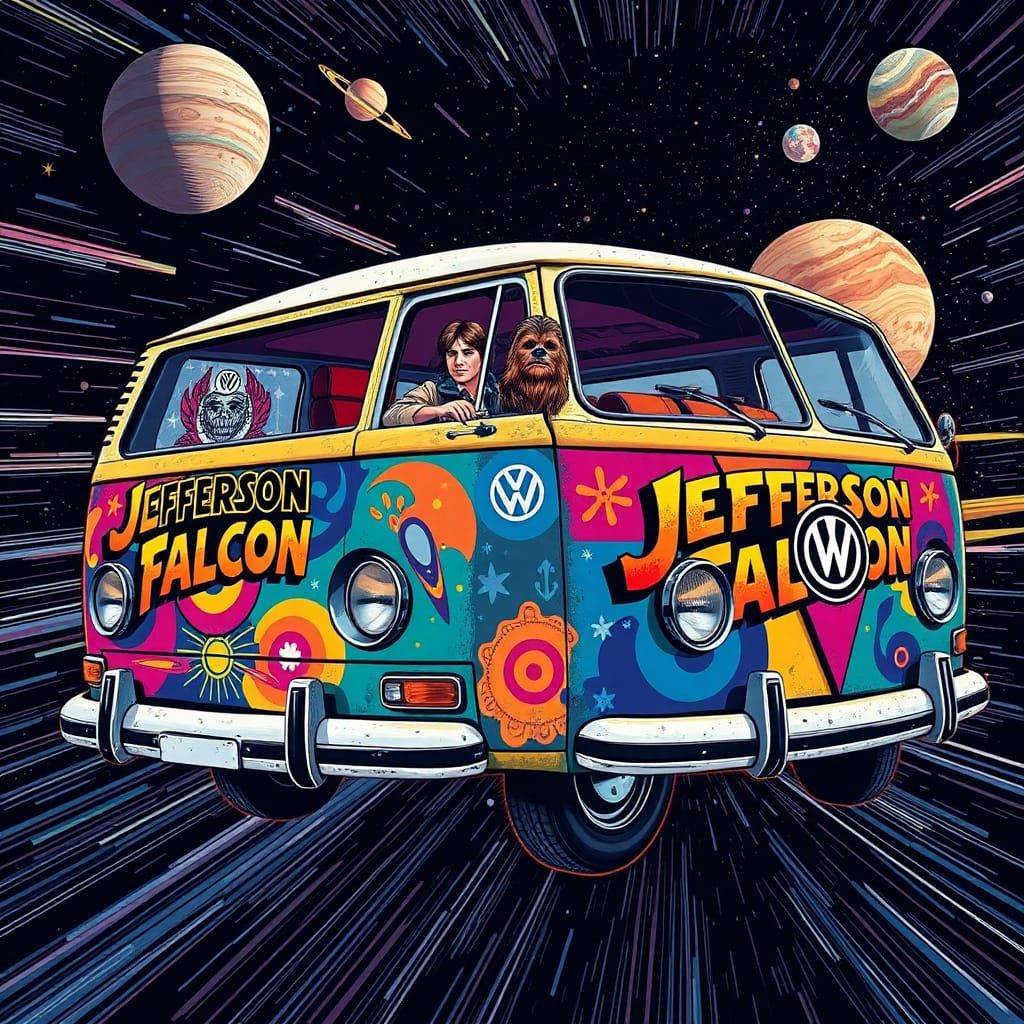 Psychedelic VW Van Soaring Through Space