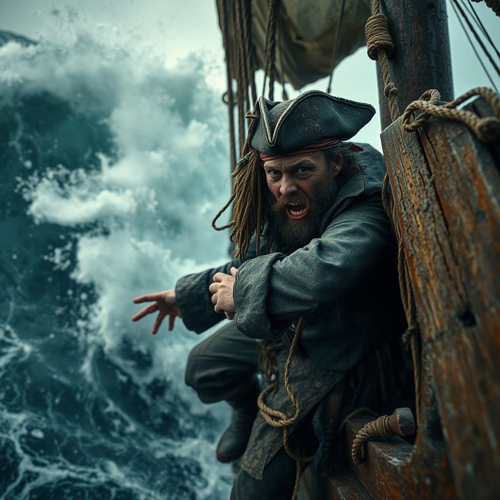 Terrified Pirate Captain in Stormy Seas