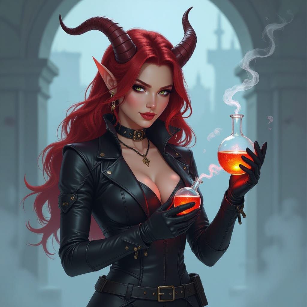 Tiefling Alchemist Concocting Mixtures in Chiaroscuro Style