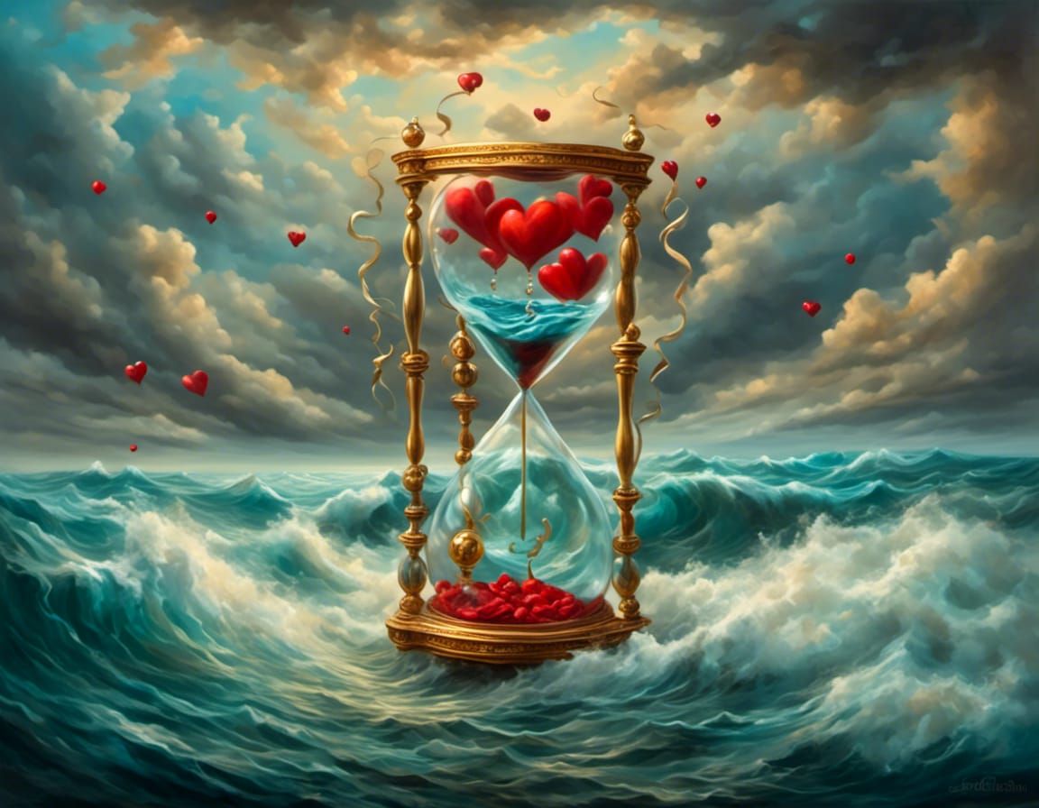 Hourglass in Stormy Ocean: Surreal Oil Painting
