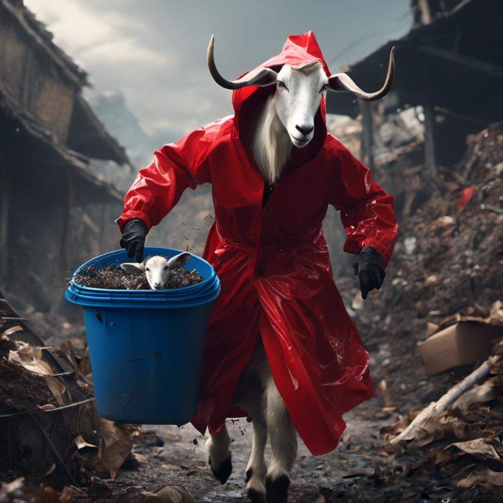 Goat in Raincoat Taking Out Garbage: Detailed Digital Art