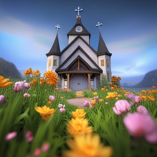 Country Church with Deer in Matte Painting Style