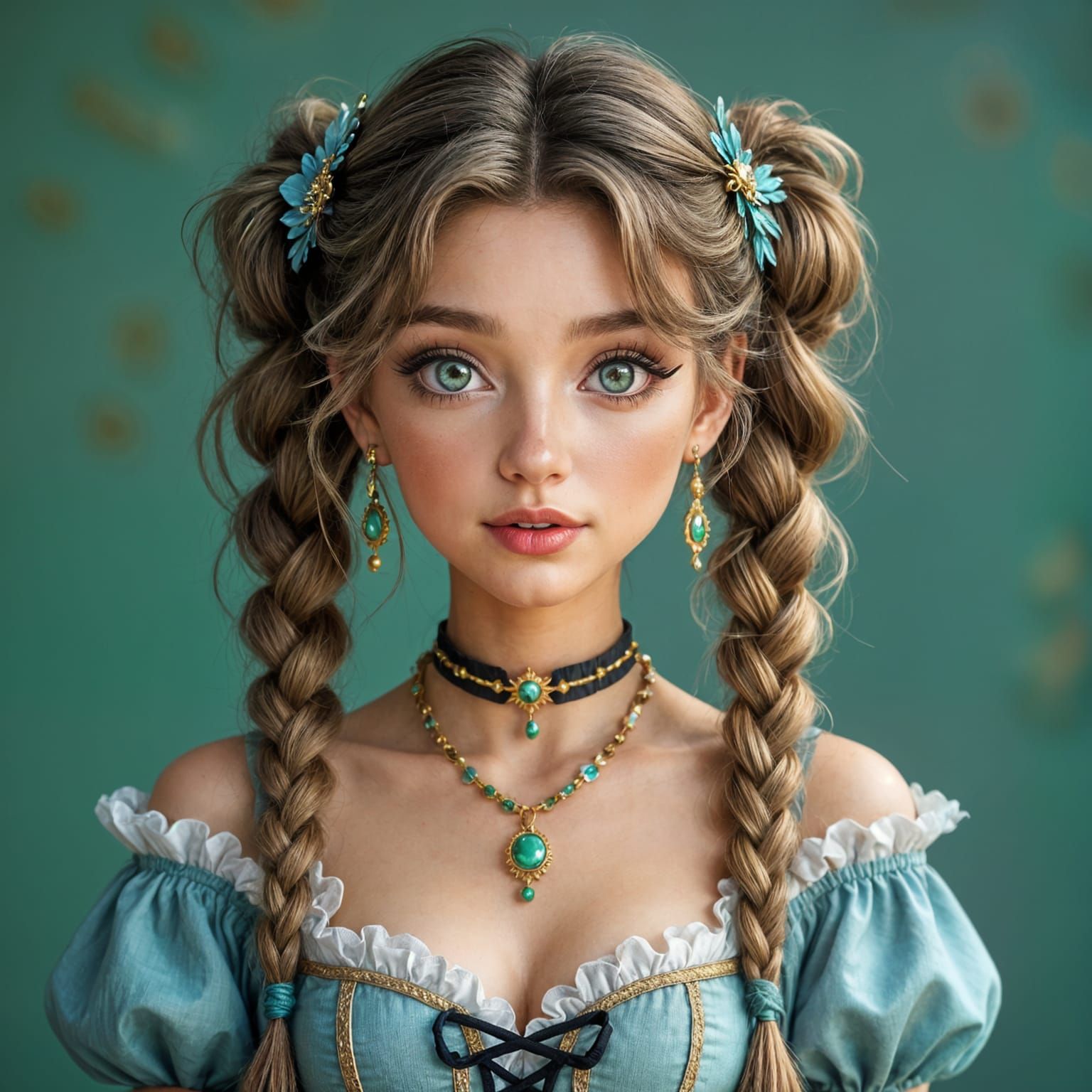 Beautiful Young Woman with Green Eyes and Blue Hair Posing