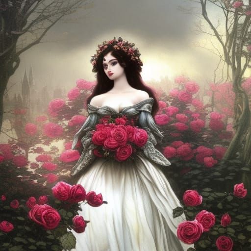 High Gothic Princess Asleep in Roses: Dark Fantasy Art