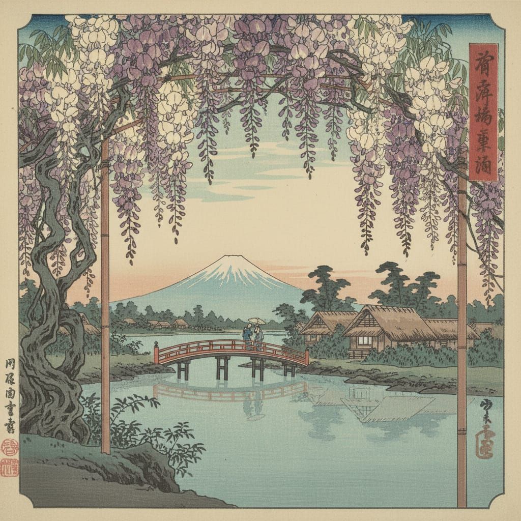 Serene Ukiyo-e Spring Landscape with Wisteria