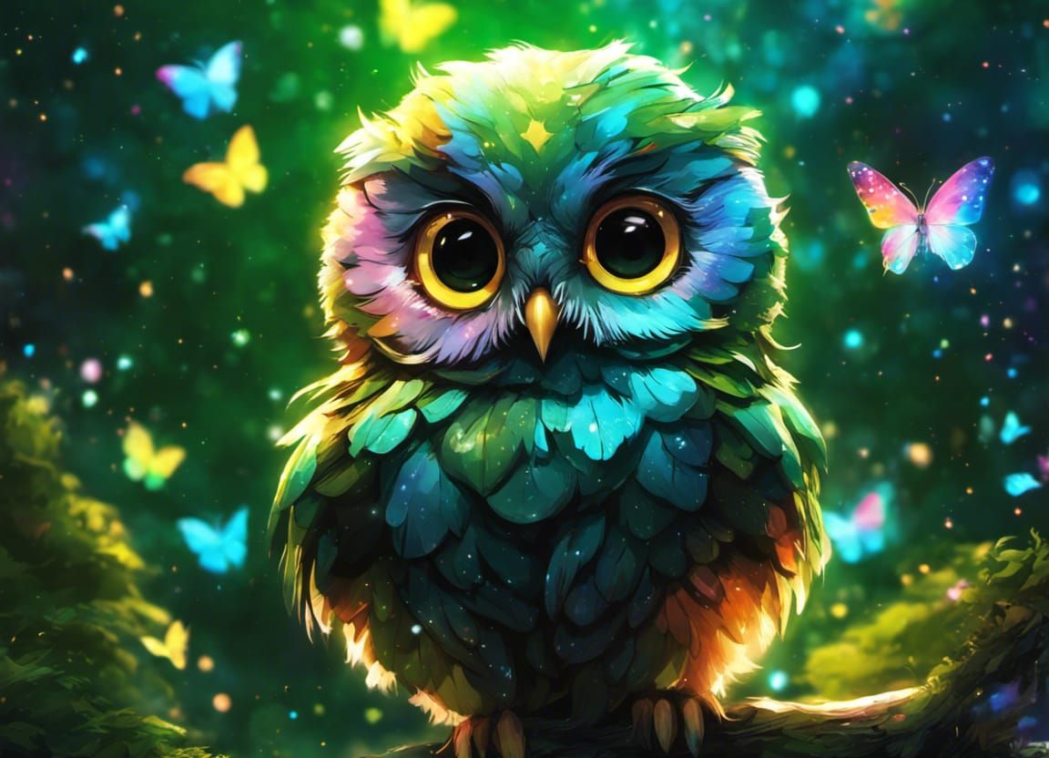 Rainbow Owlet Constellation in Bioluminescent Garden