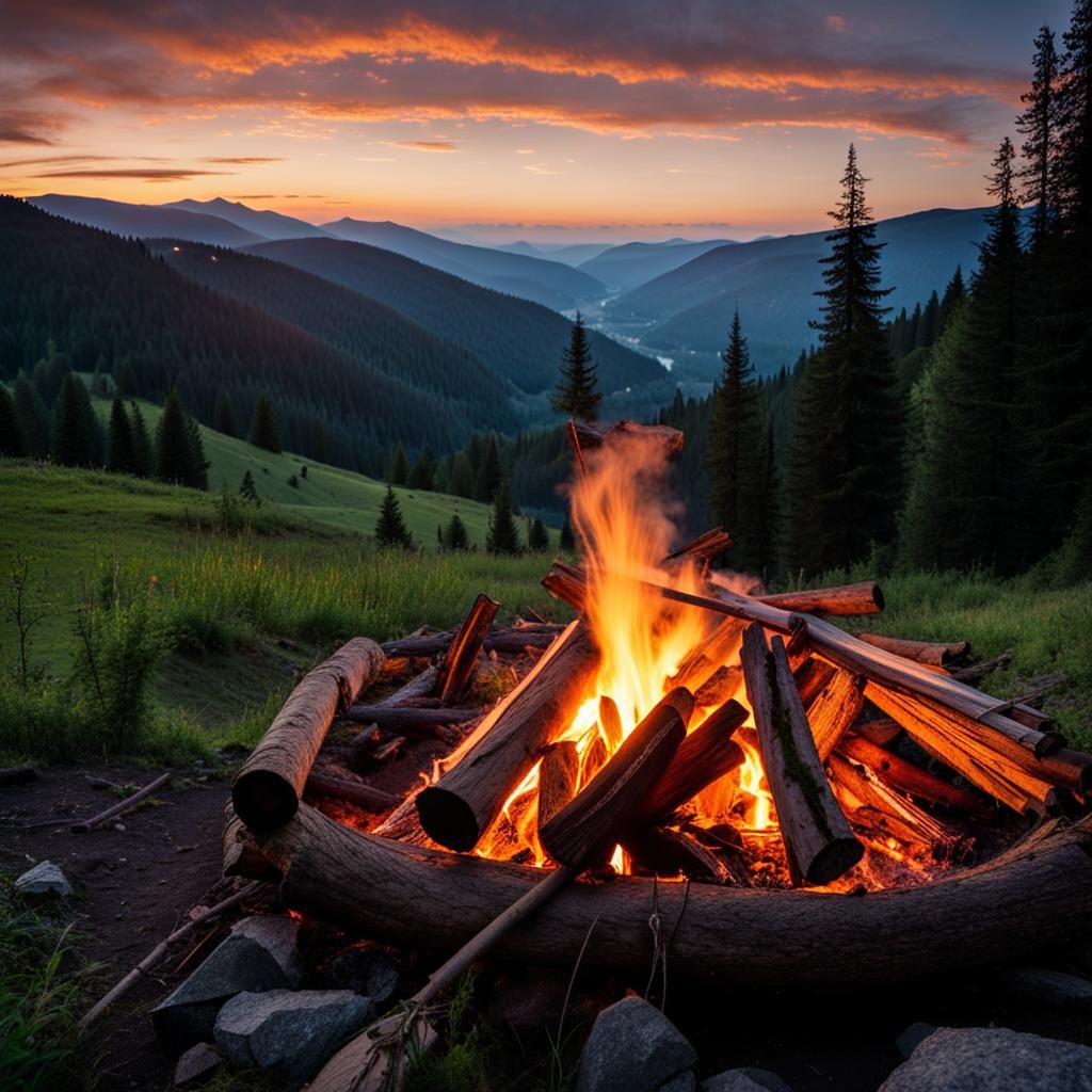 Bonfire Gathering in Carpathian Mountains at Night