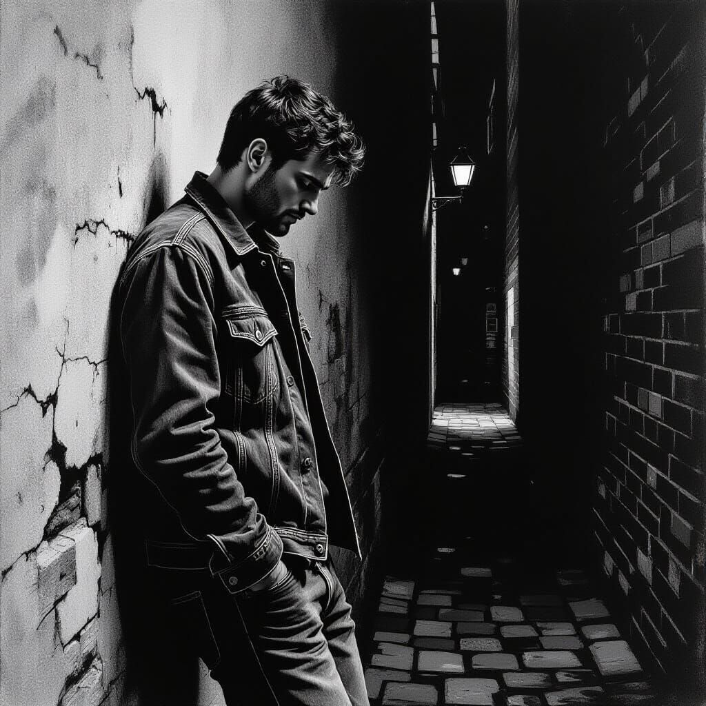 Man in Dark Alley Exudes Loneliness in Black and White
