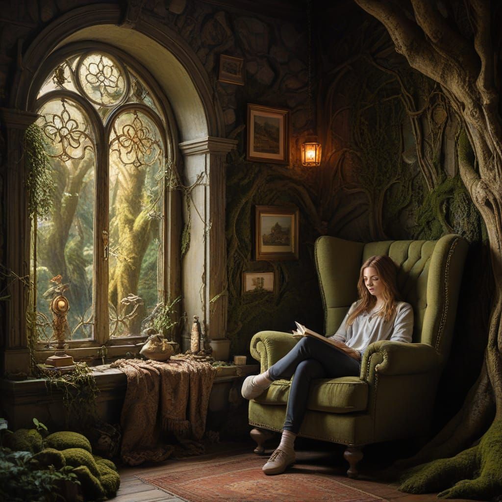 Glowing Moss-Lined Tree Nook, Impasto Gouache