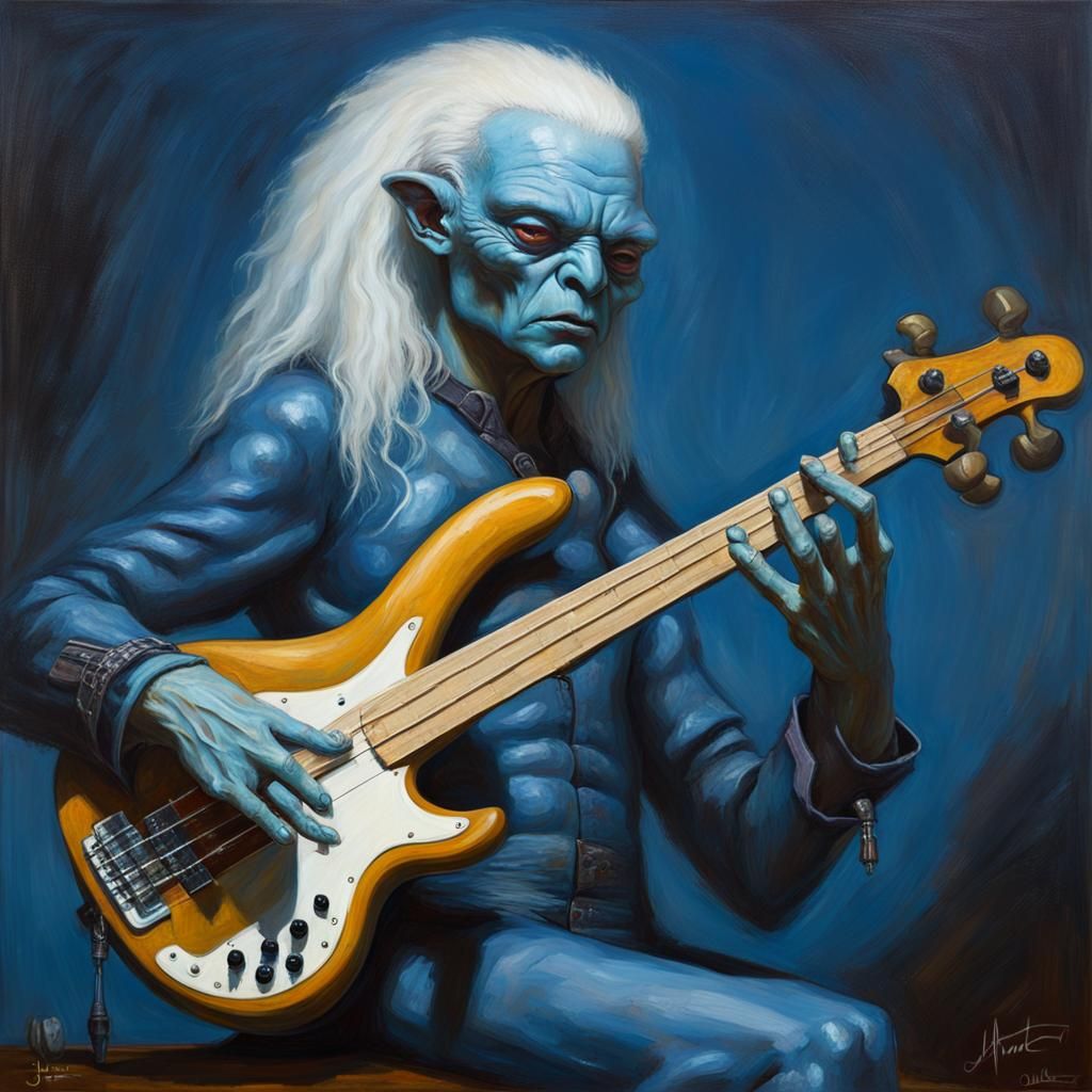 Alien Bassist with Multiple Limbs, Oil Painting