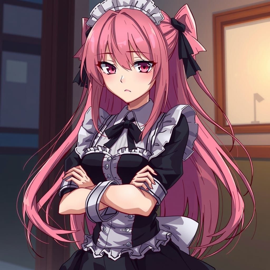 Anime Woman in Maid Outfit with Pink Hair