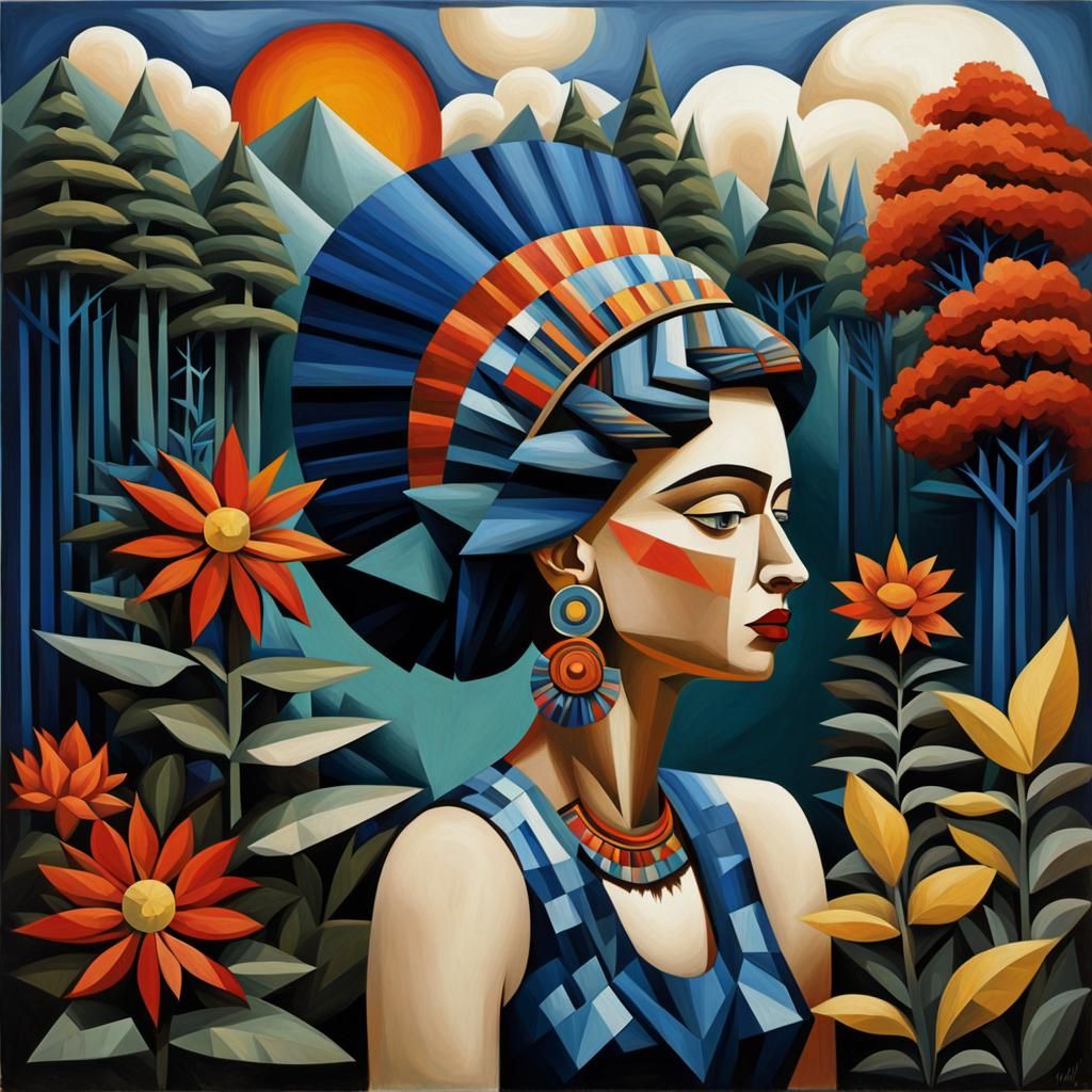 Geometric Portrait of Woman in Cubist Style