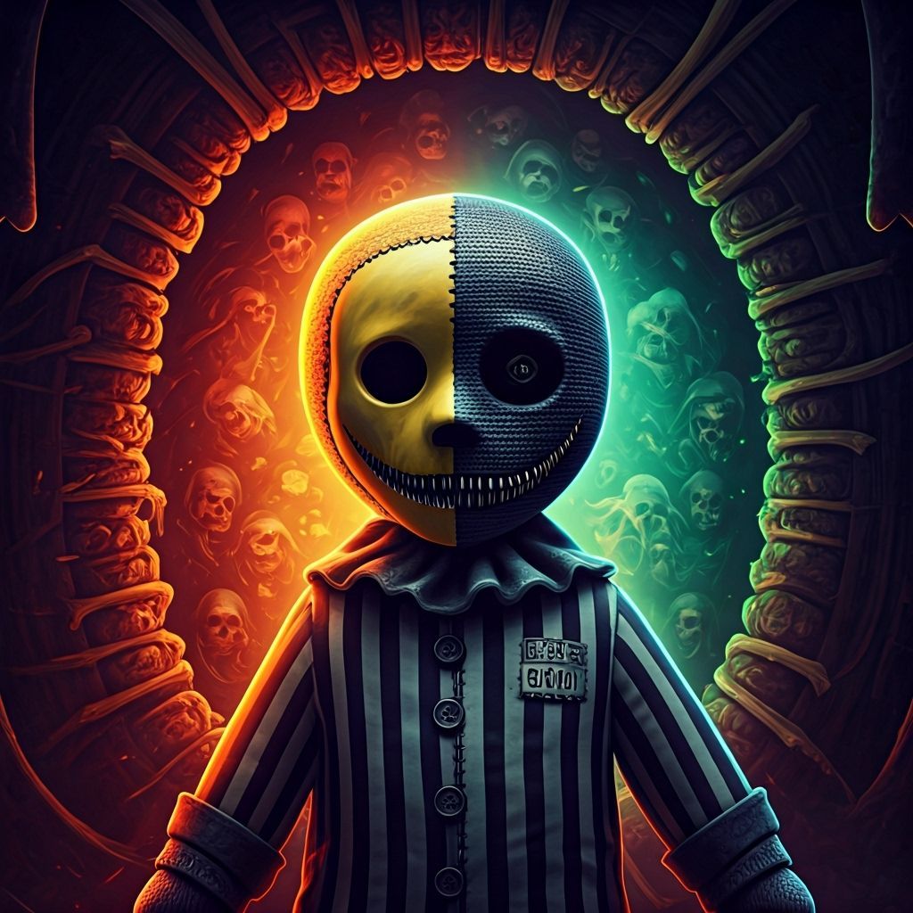 Creepy Doll Before Supernatural Portal in Crimson Gold Light