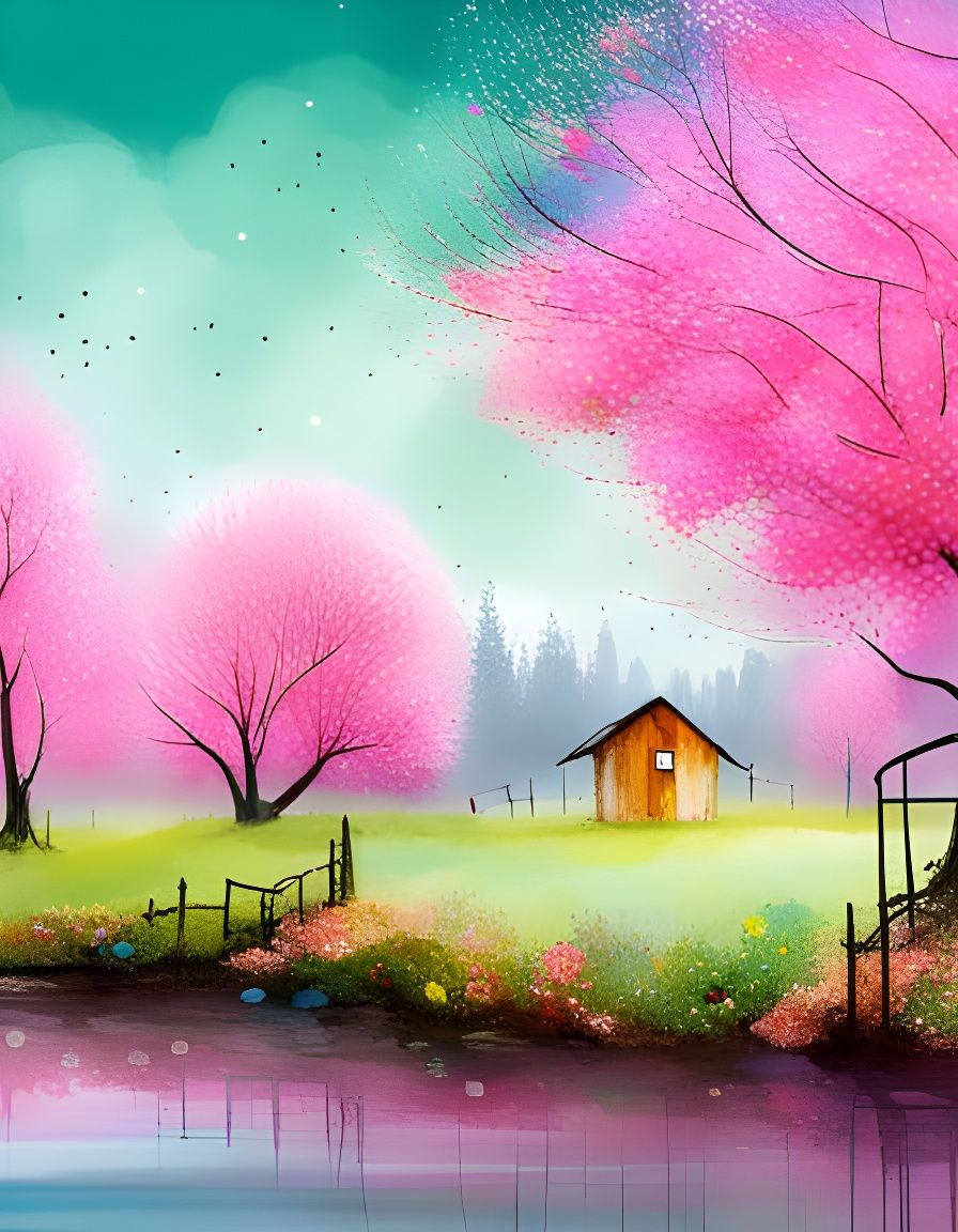 Treehouses in Cherry Blossoms: Whimsical Illustration
