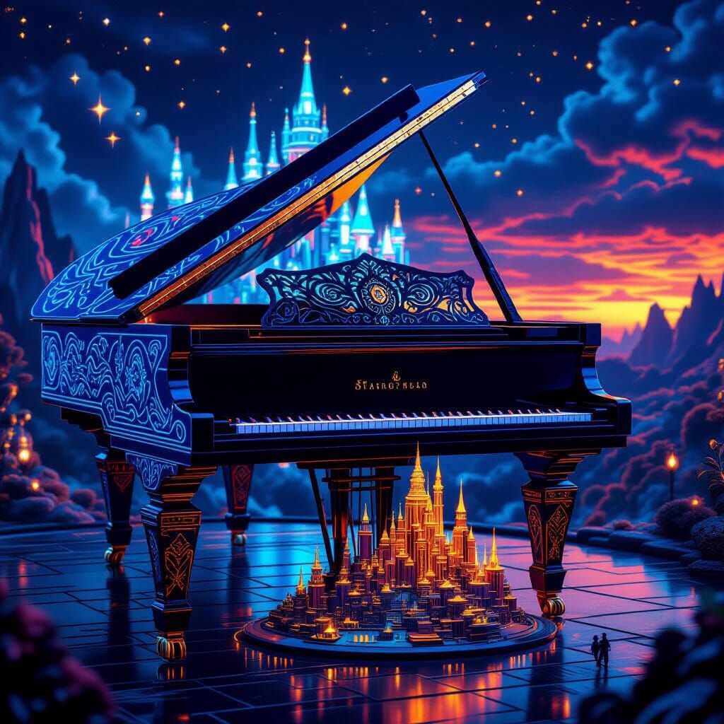 Tribal Grand Piano Illuminated by Neon and Gold Light