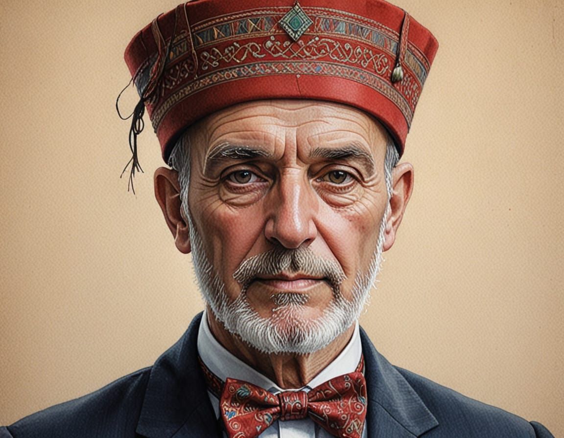 Portrait of a Man in a Fez and Bowtie, in Intricate Color Pe...