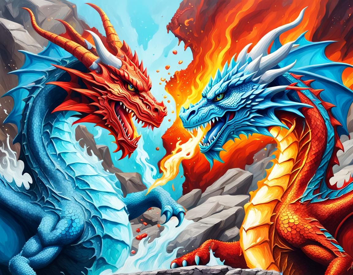 Red Dragon Versus Blue Ice Dragon: Hyperrealistic Splash Art