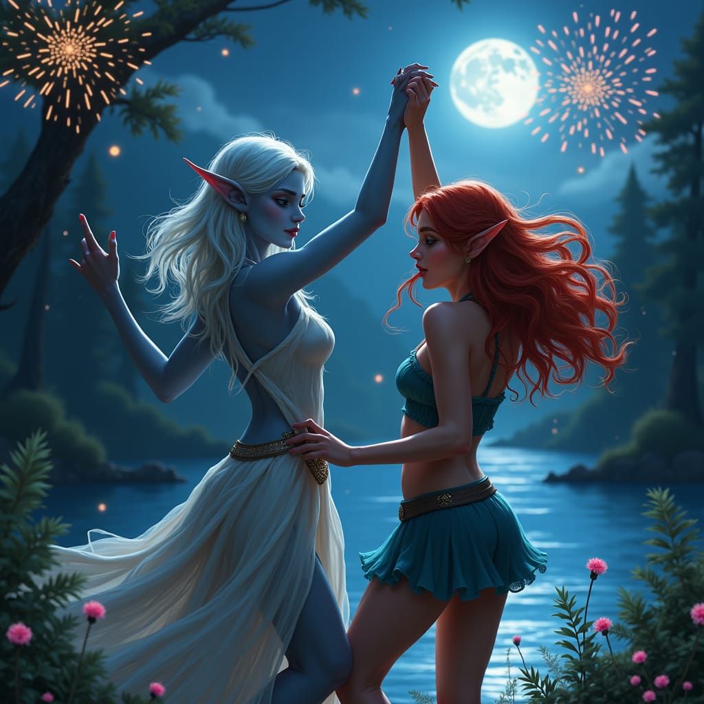 Elf and Woman Disco Dancing Under the Stars