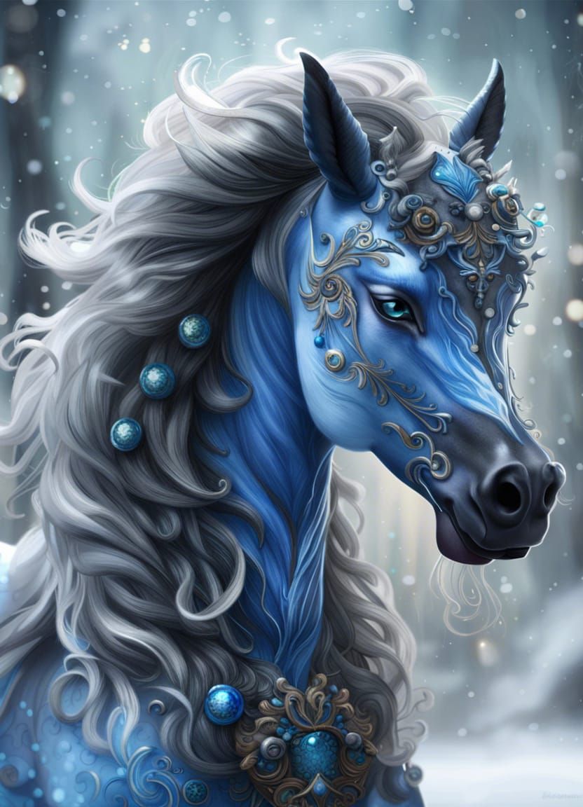 Fantasy Fairy Horse Portrait in Snowstorm