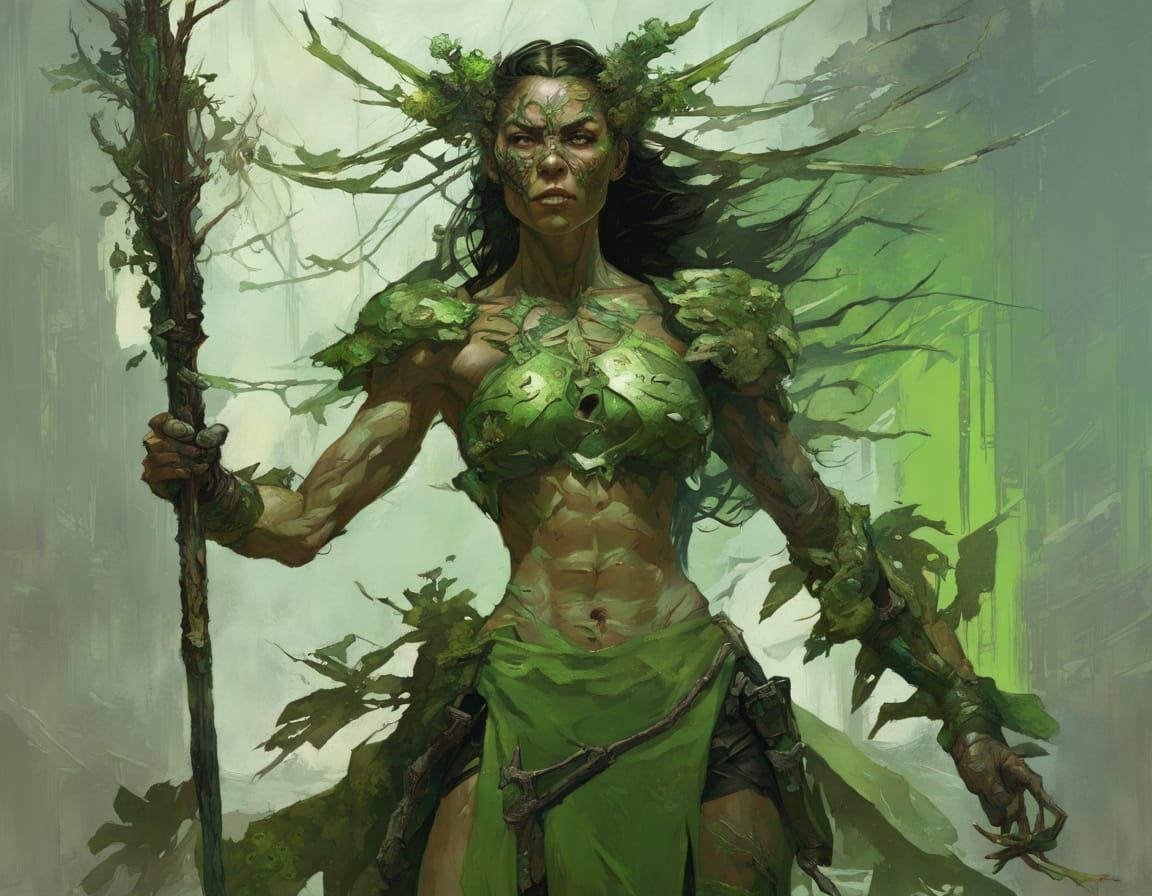 Cyberpunk Fantasy Goddess with Gnarled Staff and Bark Armor