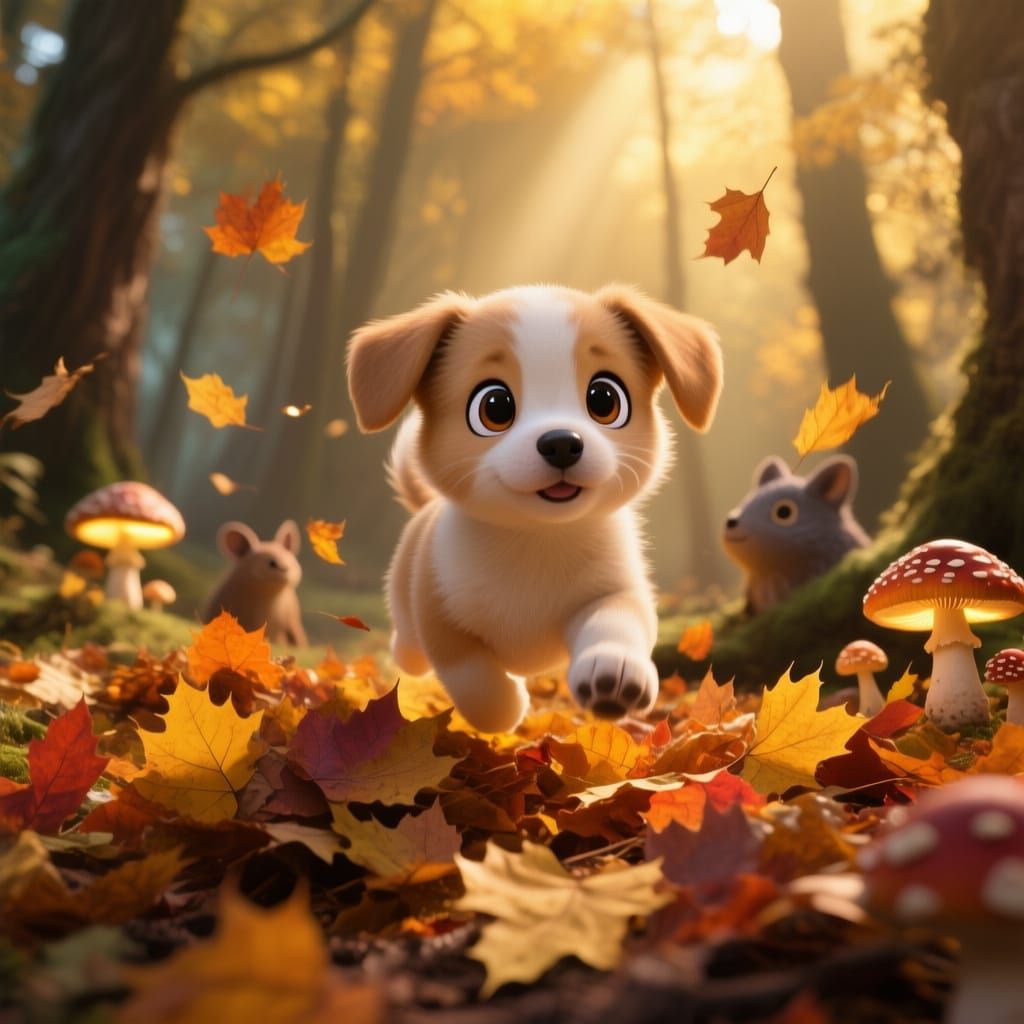 Chibi Puppy in Enchanted Autumn Woodland