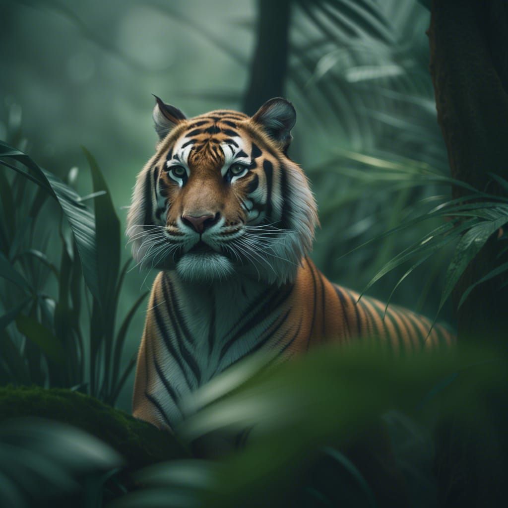 Tiger in Misty Jungle: Cinematic Close-Up