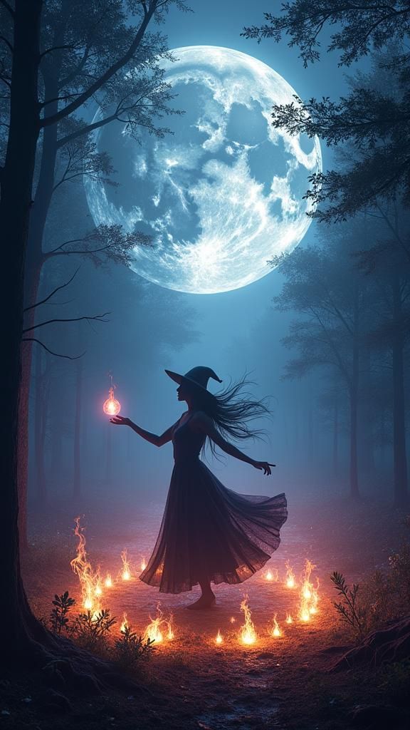 Mystical Witch Dances in Dark Fairy Forest