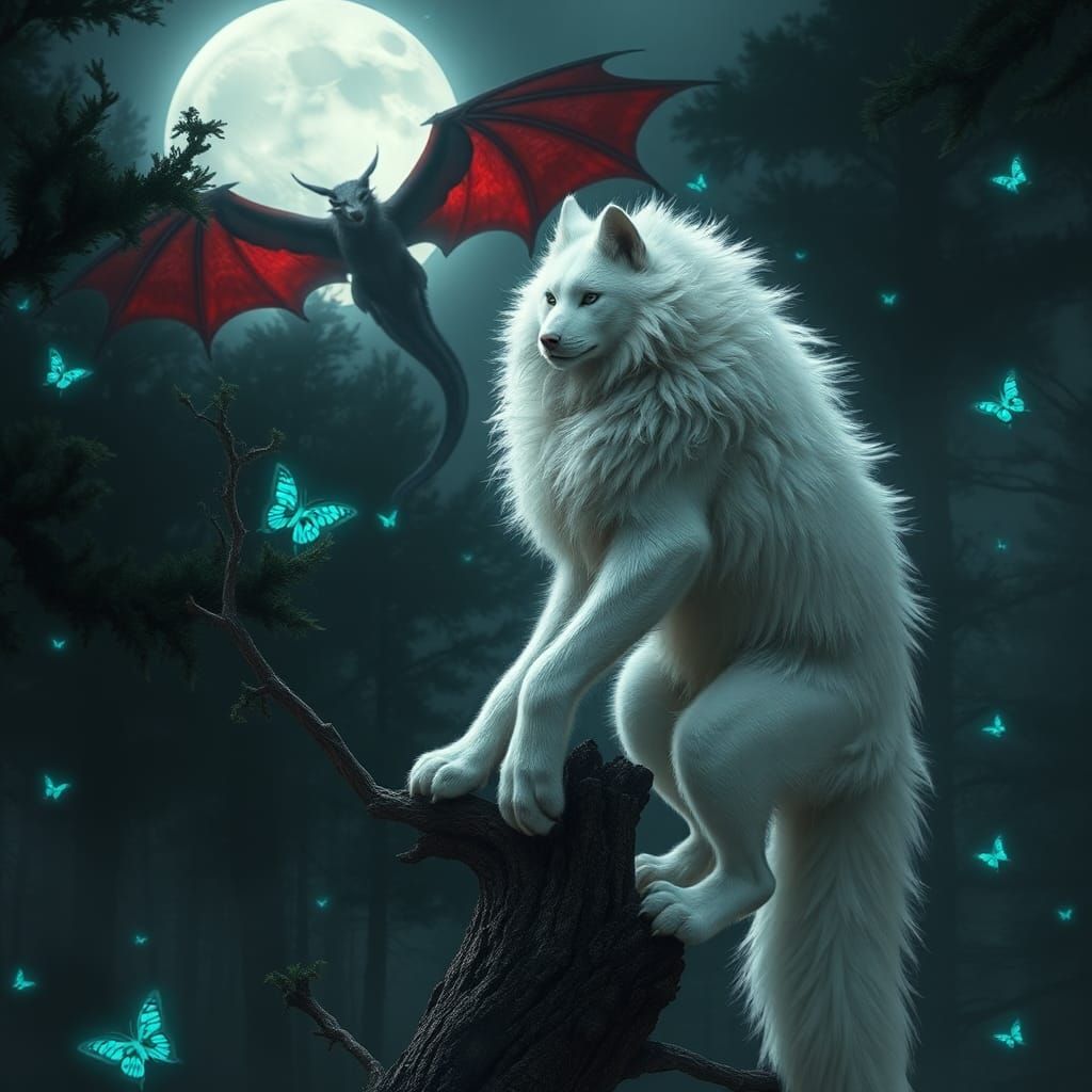 Werewolf-Angora Cat Hybrid in Misty Forest