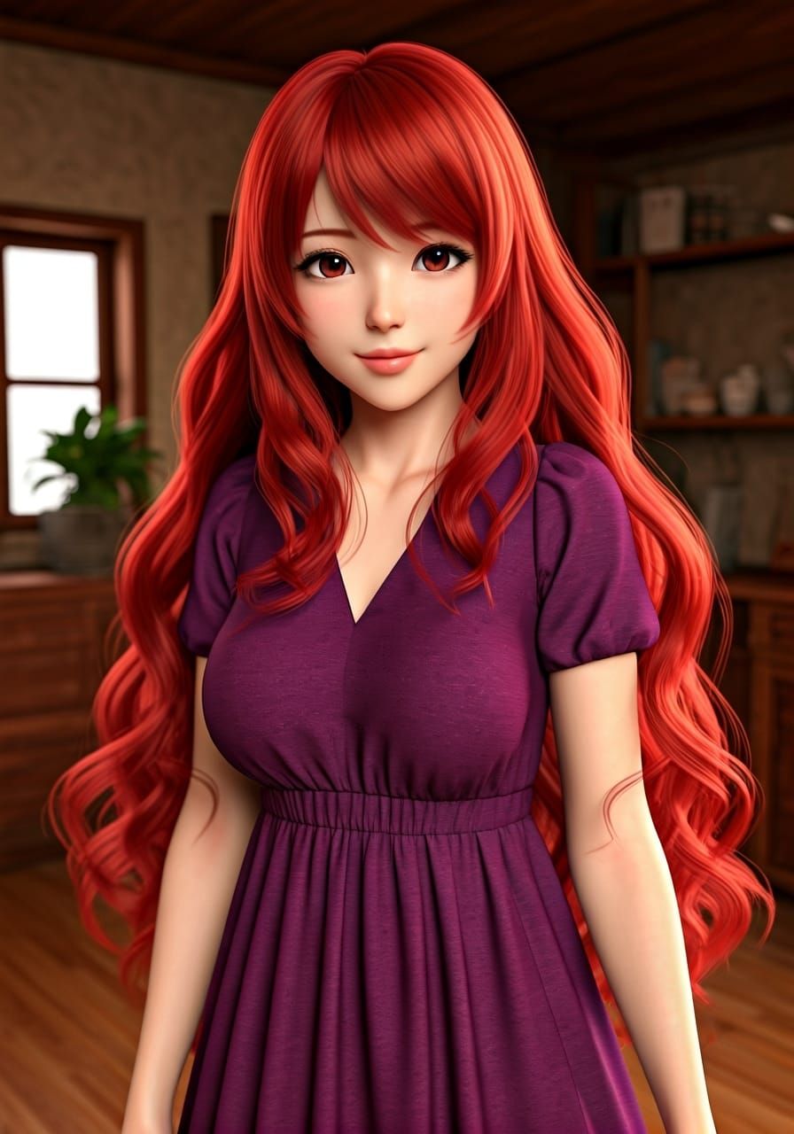 Anime Style Japanese Woman with Red Hair