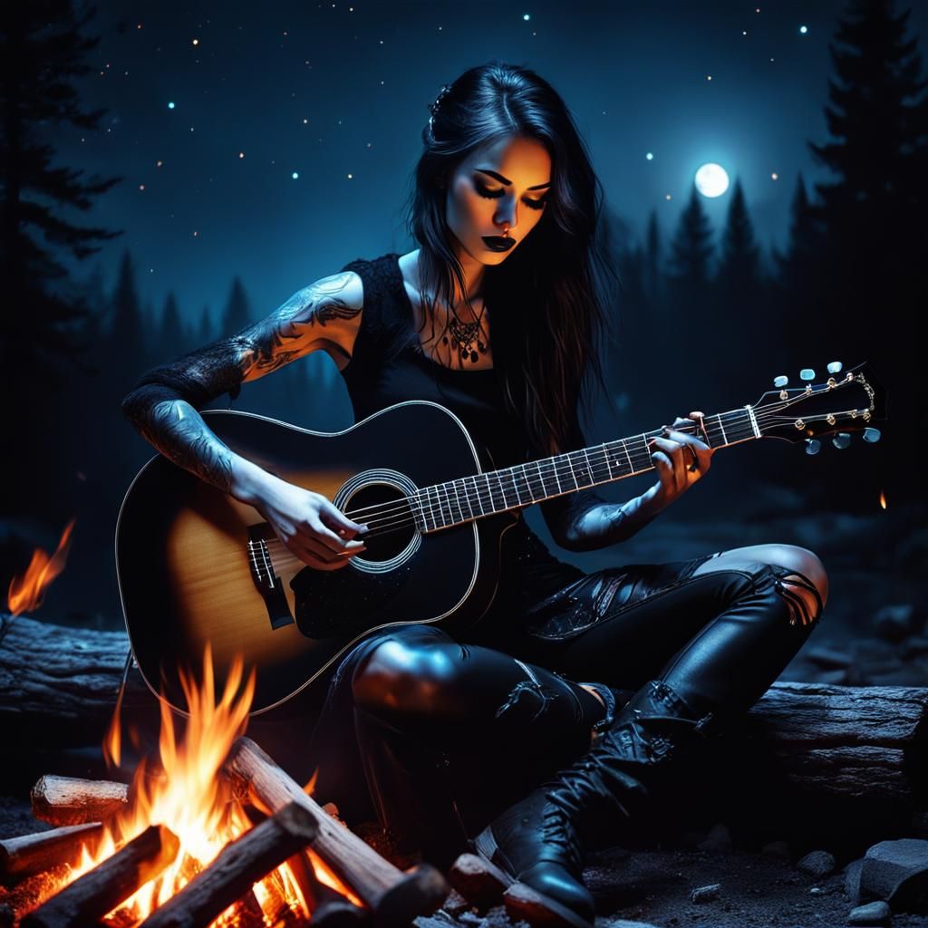 Girl Plays Guitar at Campfire: Gothic Airbrush Art