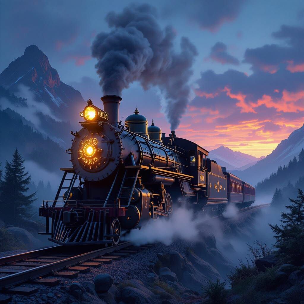 Magical Steam Train in Mountain Pass, Matte Painting Style