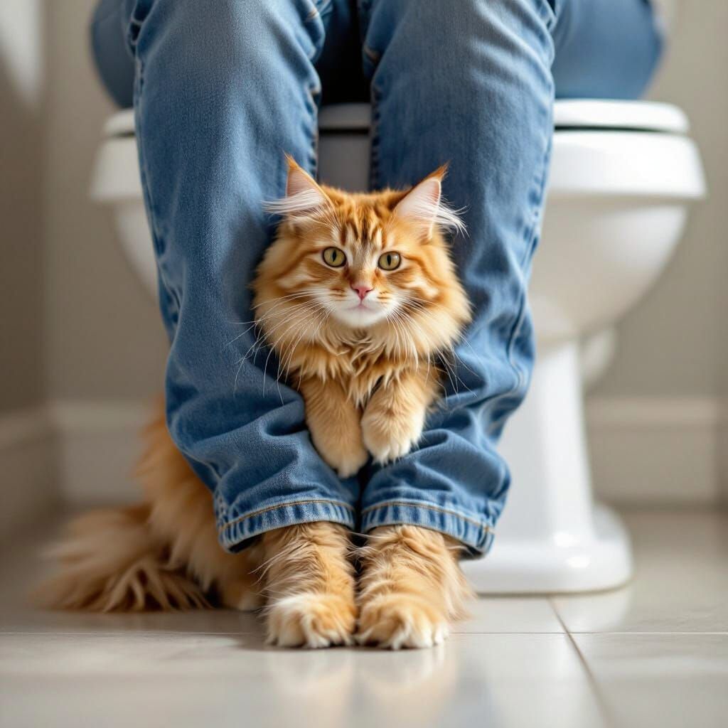 Fluffy Ginger Cat Naps on Blue Jeans