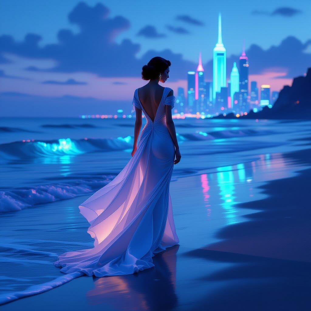 Elegant Woman on Bioluminescent Shore in Retro-Futuristic St...