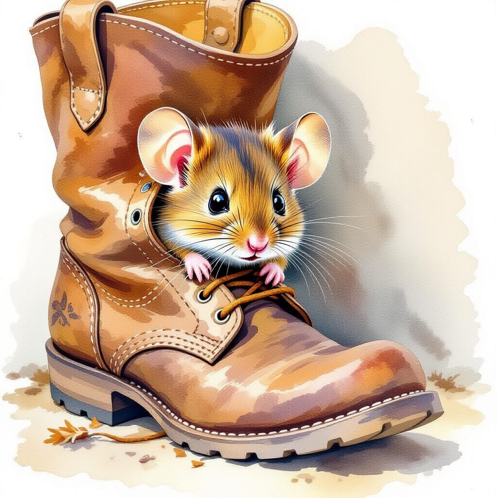 Watercolor Mouse Peeking From Old Boot